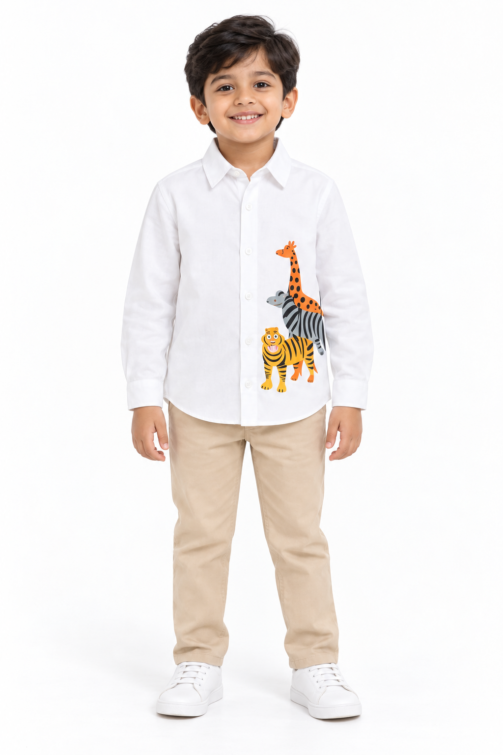 Boys White Shirt Three Animal Print Full Sleeve Collar Neck Shirt