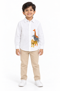 Boys White Shirt Three Animal Print Full Sleeve Collar Neck Shirt
