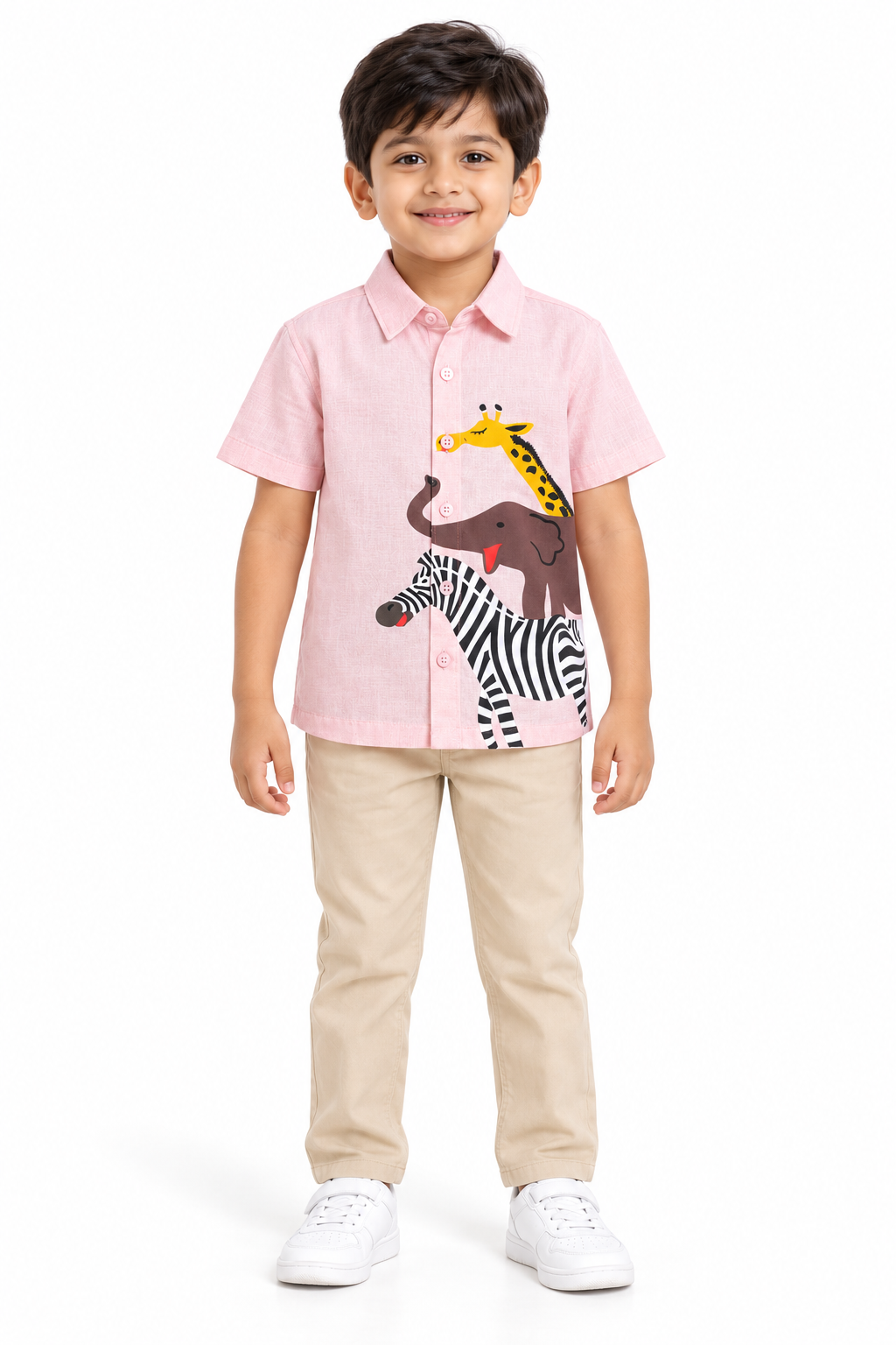 Safari Pink Animal Print Half Sleeve Shirt -  Giraffe, Elephant, Zebra