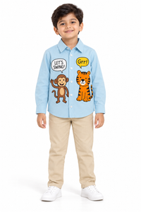 Light Blue Monkey and Tiger Print Full Sleeve Collar Neck Boys Cotton Shirt