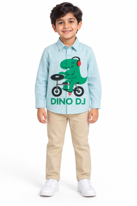 Light Blue Cotton Dino Dj Printed Boys Shirt