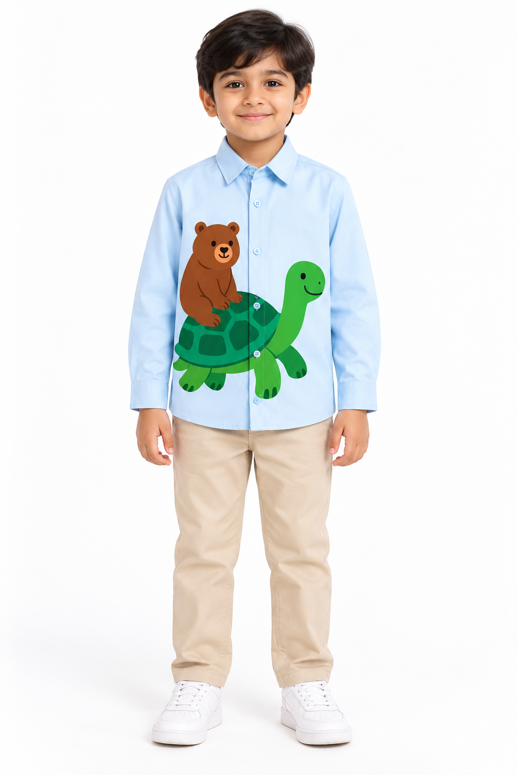 Light Blue Cotton Two Animal Tortoise-Bear Printed Boys Shirt