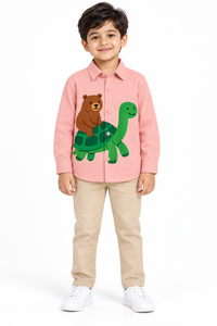 Light Pink Cotton Two Animal Tortoise-Bear Printed Boys Shirt