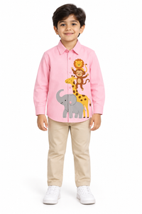 Pink Cotton New 4 Animal-Monkey Lion Giraffe Elephant Printed Boys Shirt