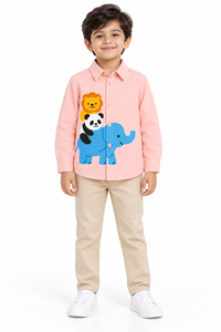 Pink Cotton Elephant-Panda-Lion Friends Forever Printed Boys Shirt