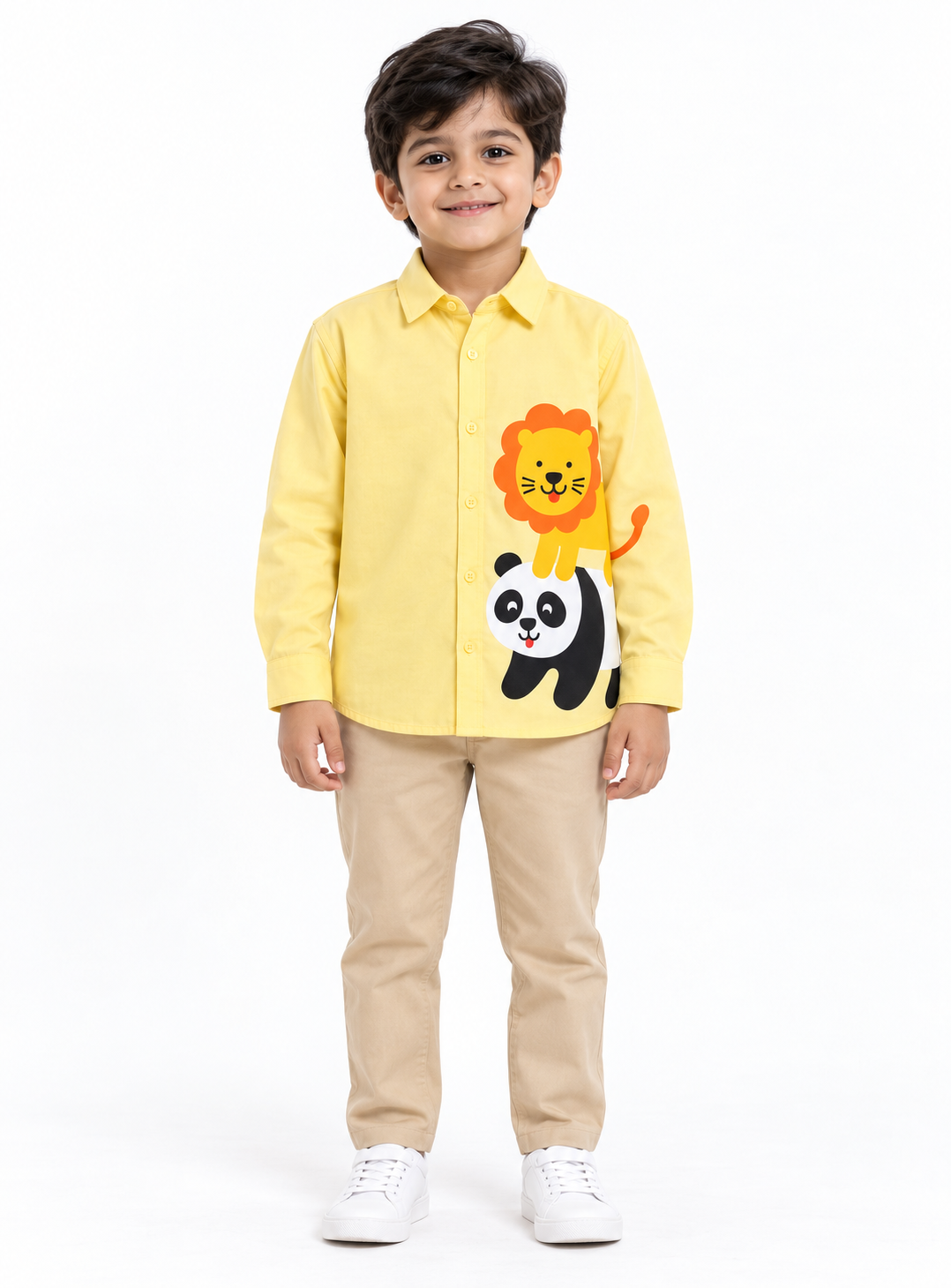 Yellow Cotton Lion And Panda Printed Boys Shirt