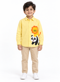 Yellow Cotton Lion And Panda Printed Boys Shirt