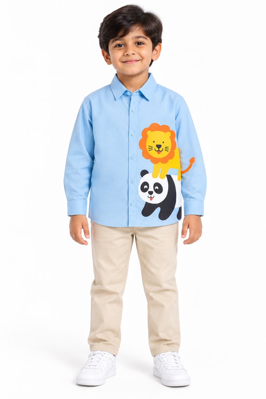 Blue Cotton Lion And Panda Printed Boys Shirt