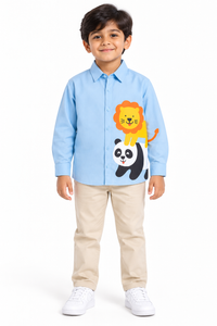 Blue Cotton Lion And Panda Printed Boys Shirt