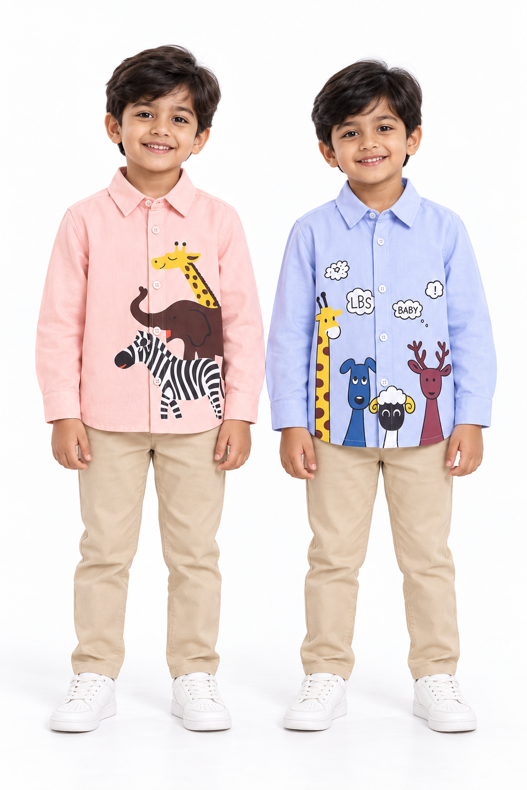 Pack Of 2 Boys Shirts 3 Animal Print Pink Shirt And 4 Animal Print Blue Shirt