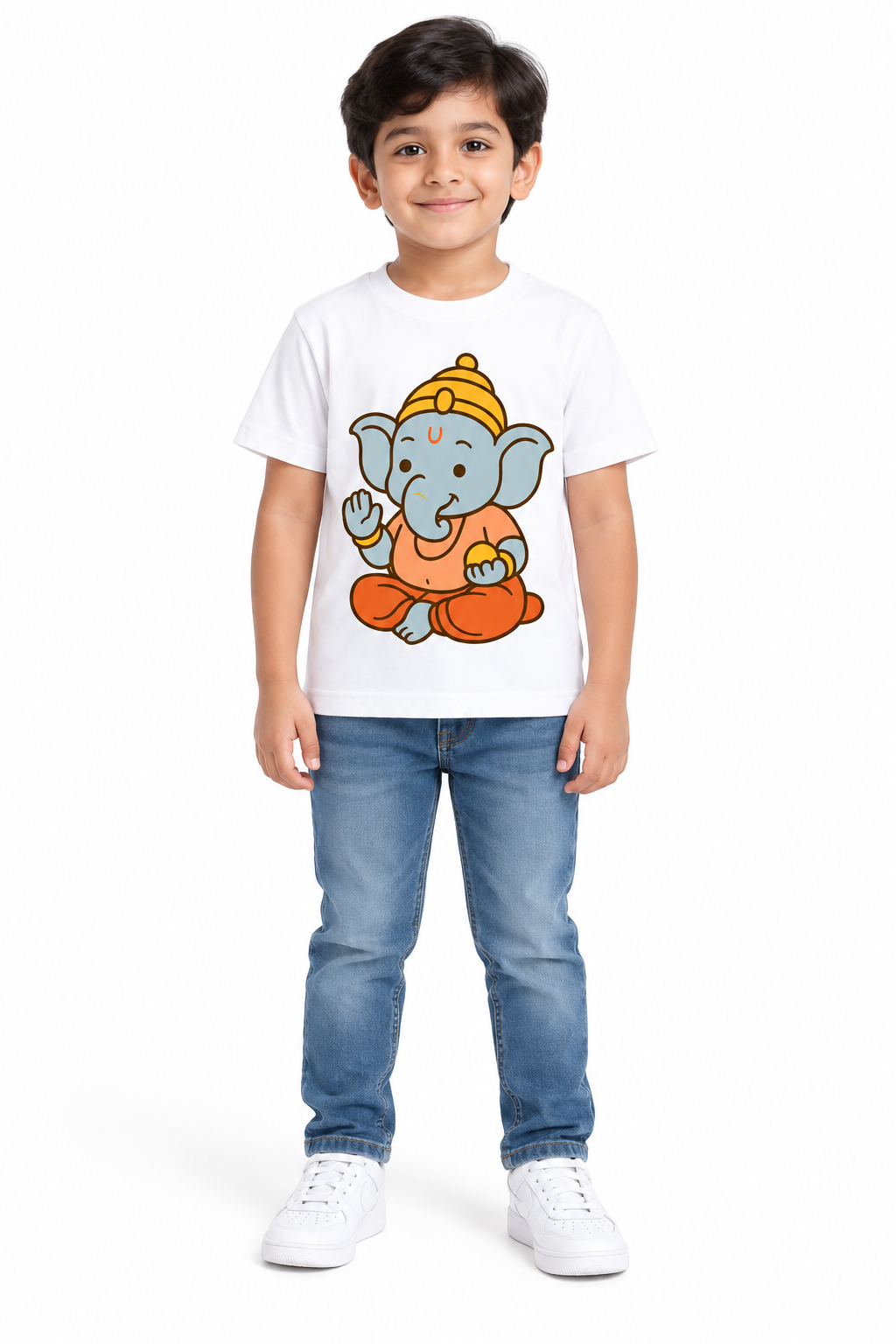 Girls And Boys Ganpati Blessing Printed White T-Shirt