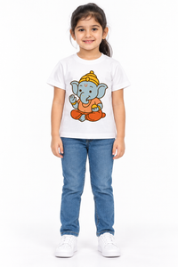 Girls And Boys Ganpati Blessing Printed White T-Shirt