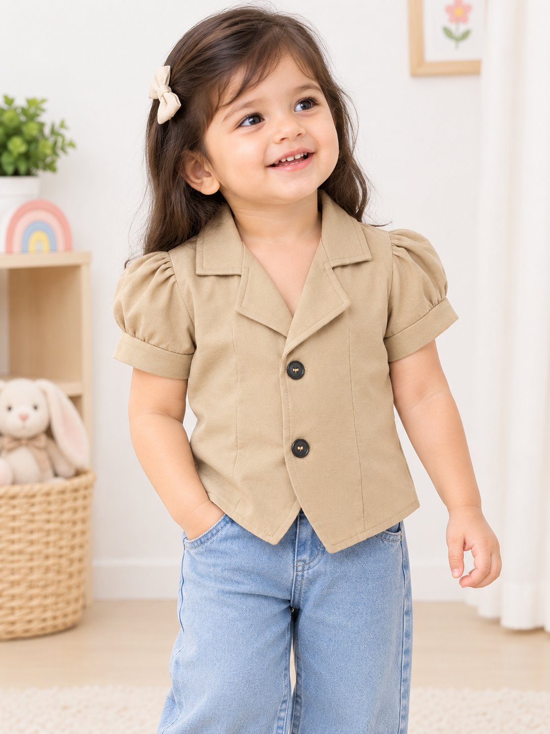 Beige Half Sleeve Jacket Top