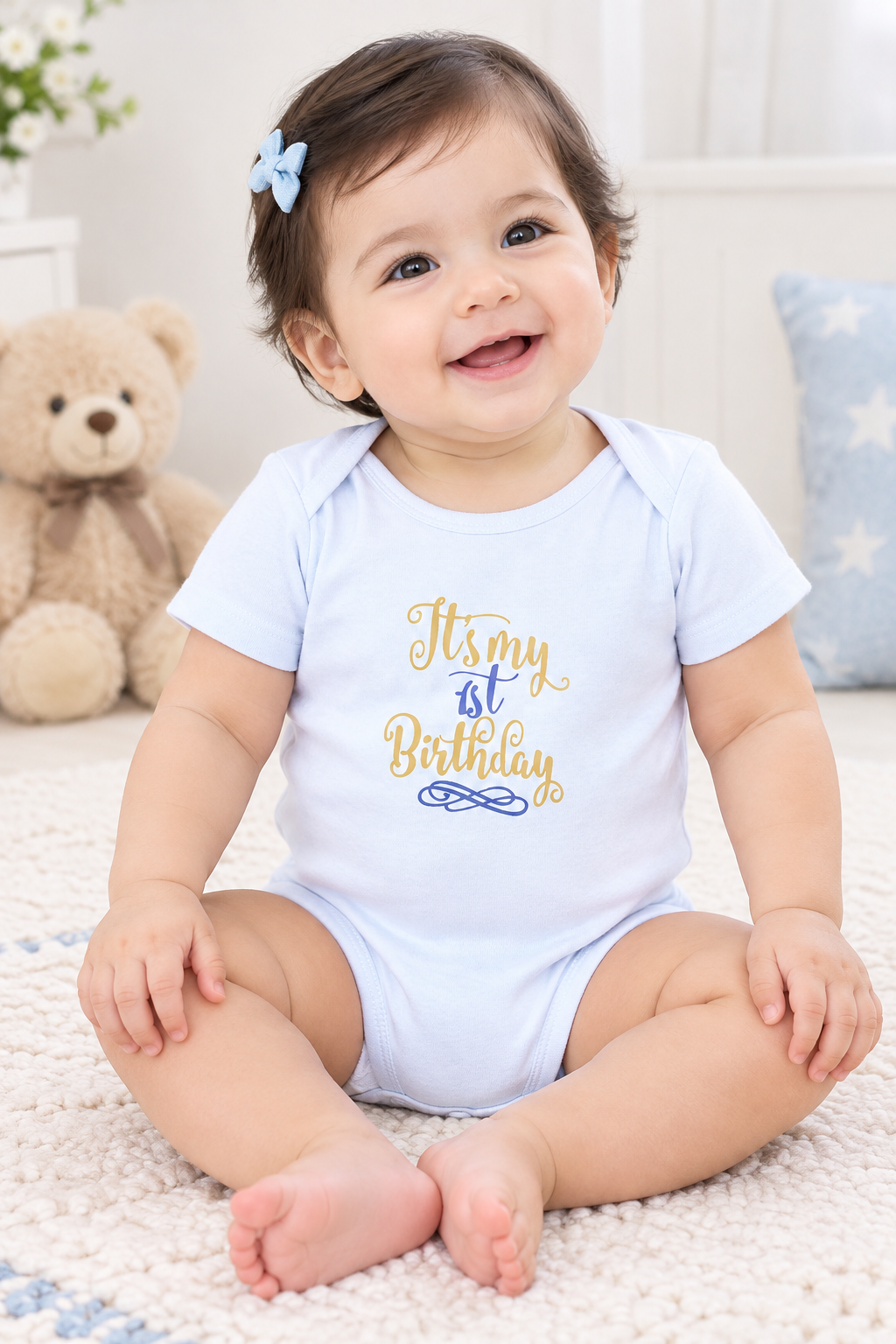 White 1st Birthday Print Half Sleeve Baby Girl/Boy Romper