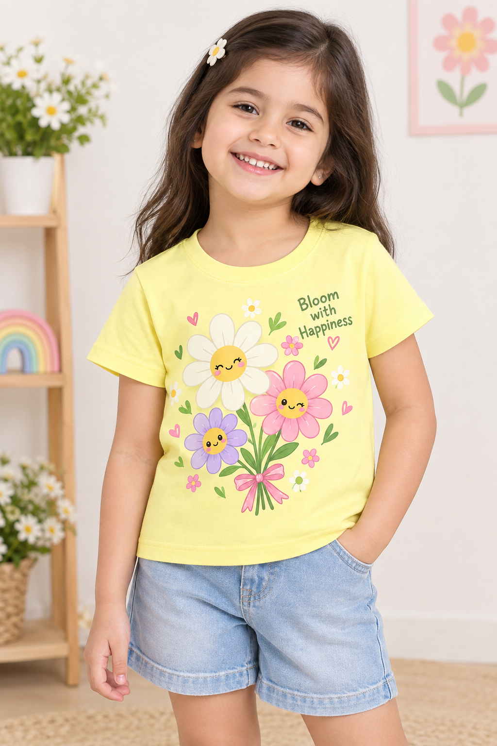 ZIP ZAP ZOOP Girls Yellow Floral Printed Cotton T-Shirt with Cute Flower Graphic