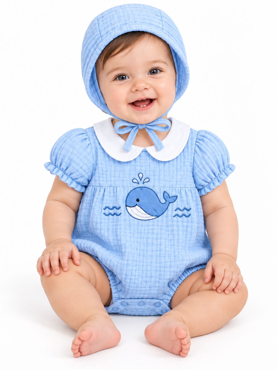 ZIP ZAP ZOOP Baby Double Cloth Embroidered Bubble Romper with Matching Bonnet Blue Whale