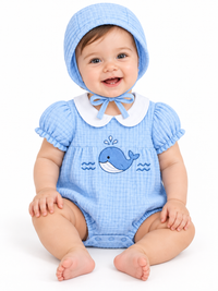 ZIP ZAP ZOOP Baby Double Cloth Embroidered Bubble Romper with Matching Bonnet Blue Whale