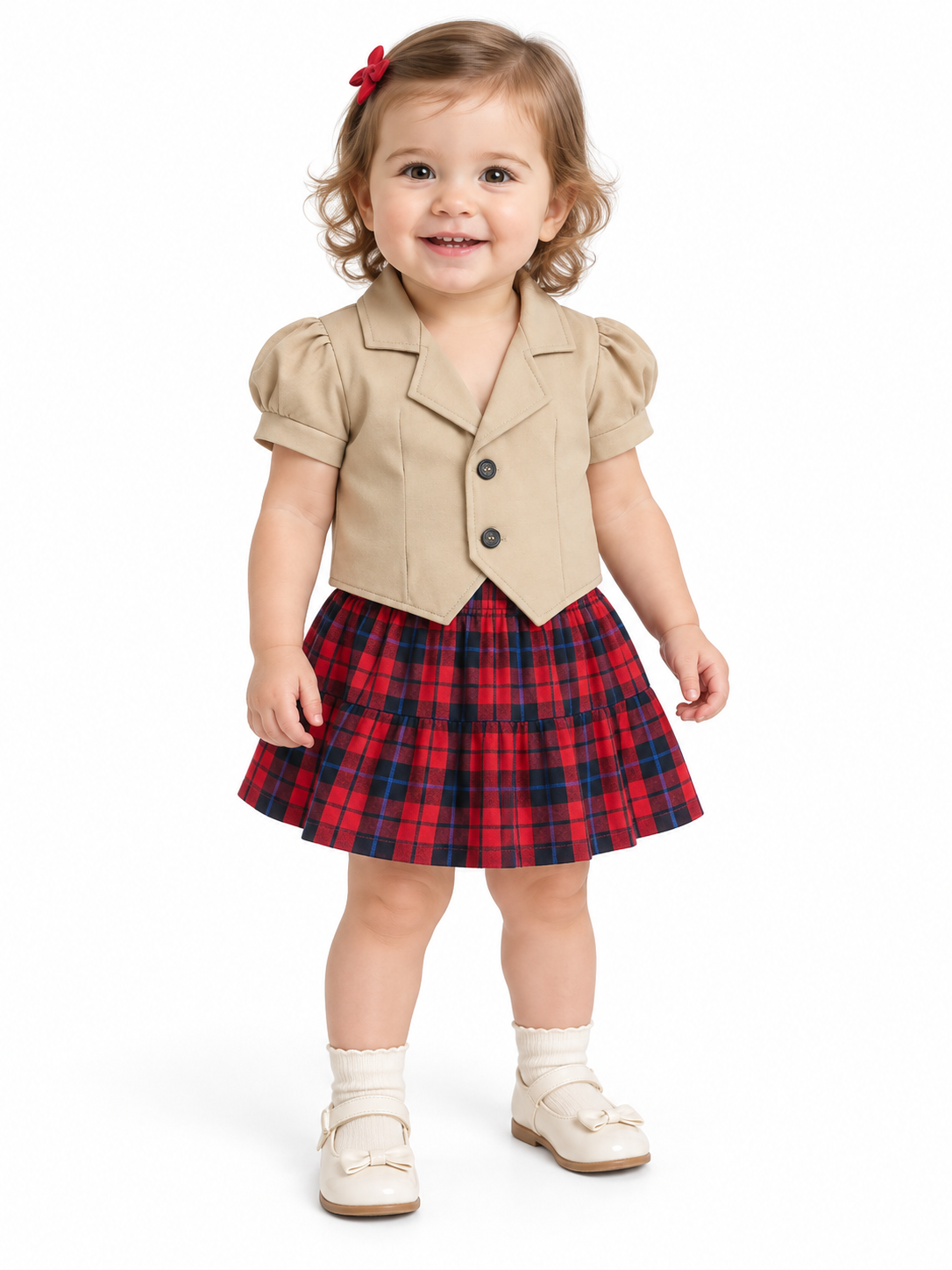 Beige Half Sleeve Collar neck top & Red Black Check pattern Skirt Matching Set