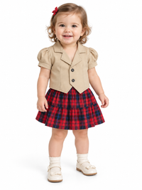 Beige Half Sleeve Collar neck top & Red Black Check pattern Skirt Matching Set