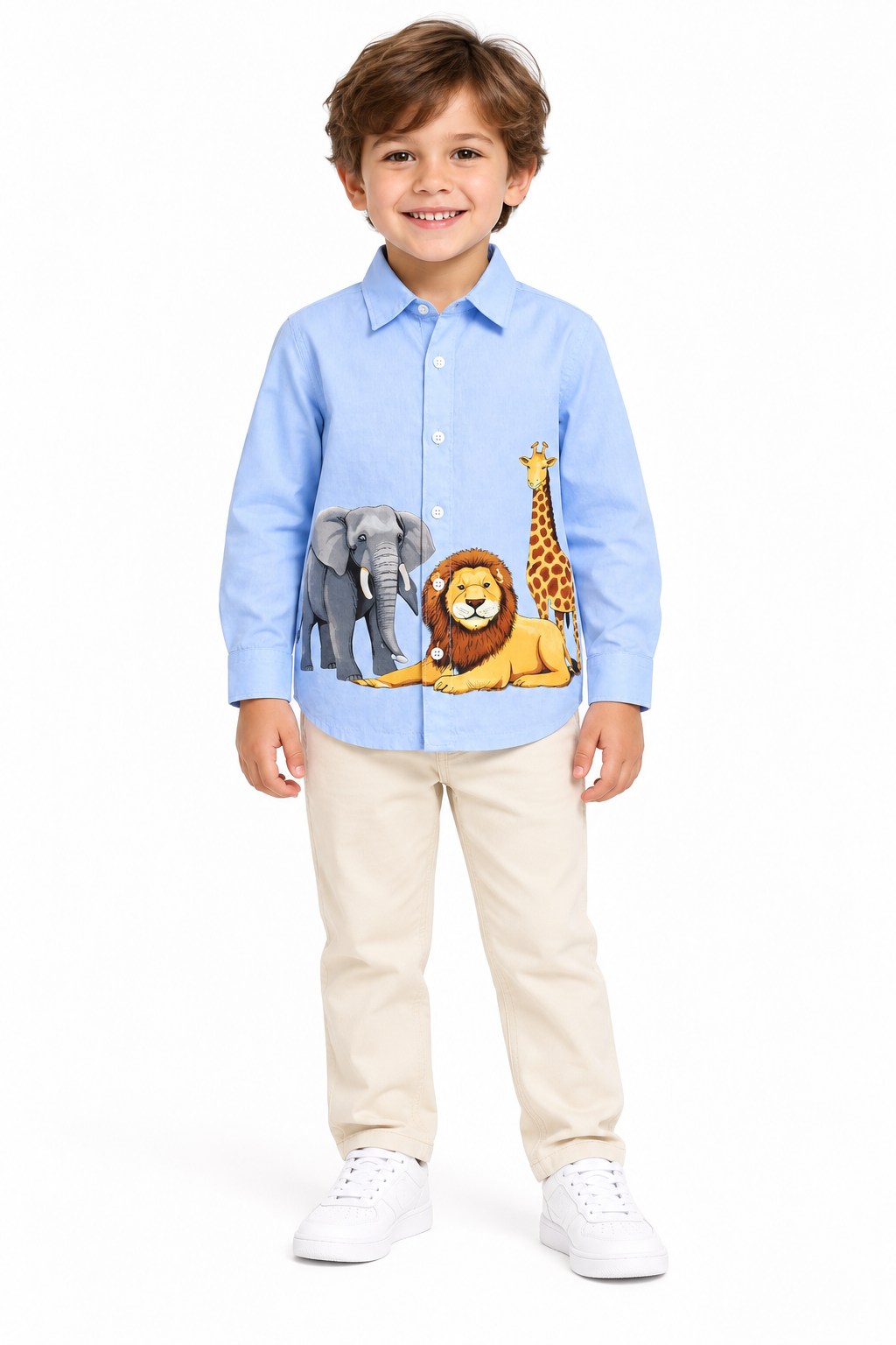 BOYS SAFARI SHIRT WITH ELEPHANT LION GIRAFFE PRINT