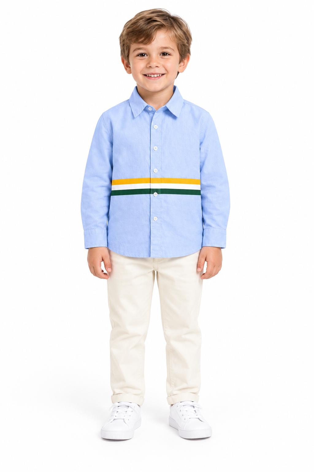 Boys Light Blue Cotton Shirt With Orange and Blue Horizontal Stipe