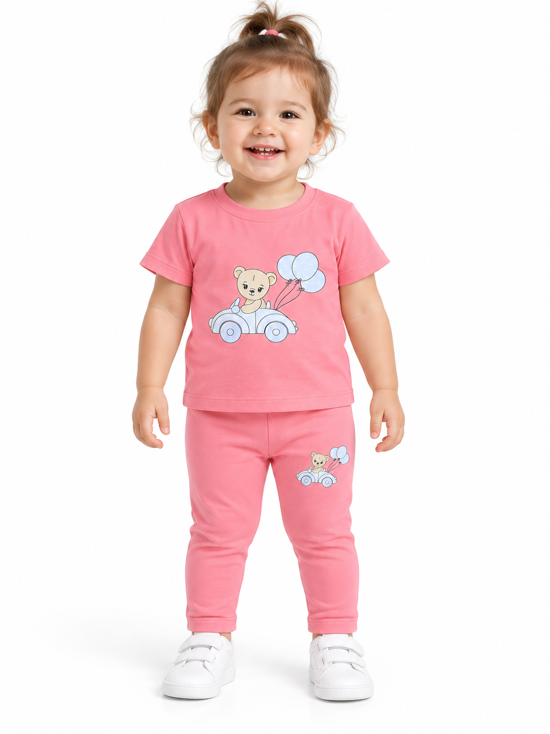 Pink Teddy & Car Print Baby Girl Matching Set