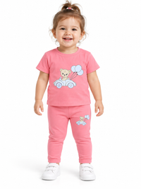 Pink Teddy & Car Print Baby Girl Matching Set