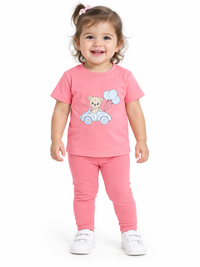 Pink Half Sleeve Teddy & Car Print Girls Tshirts