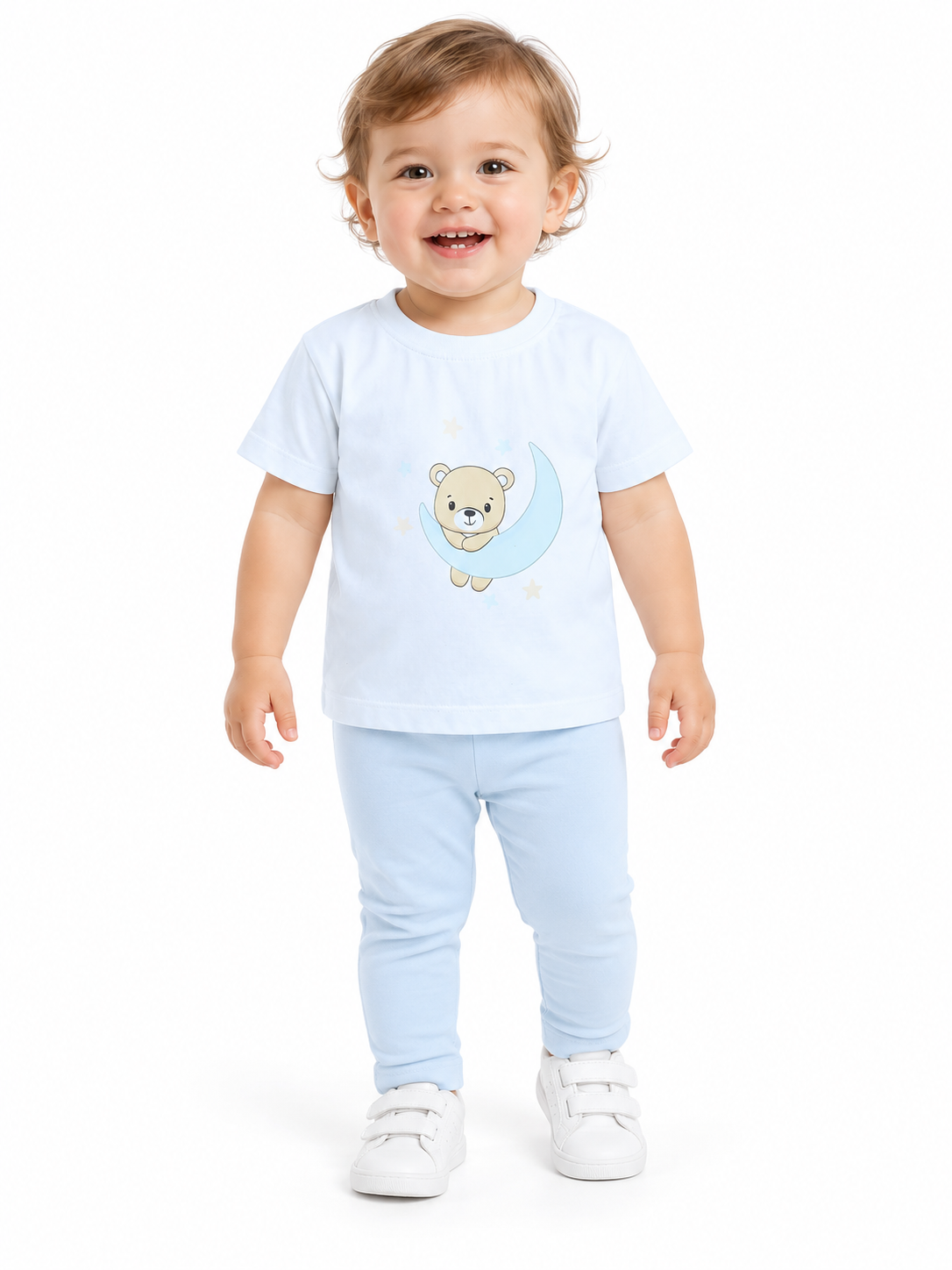 White Teddy & Moon Print Half Sleeve Baby Girl Top