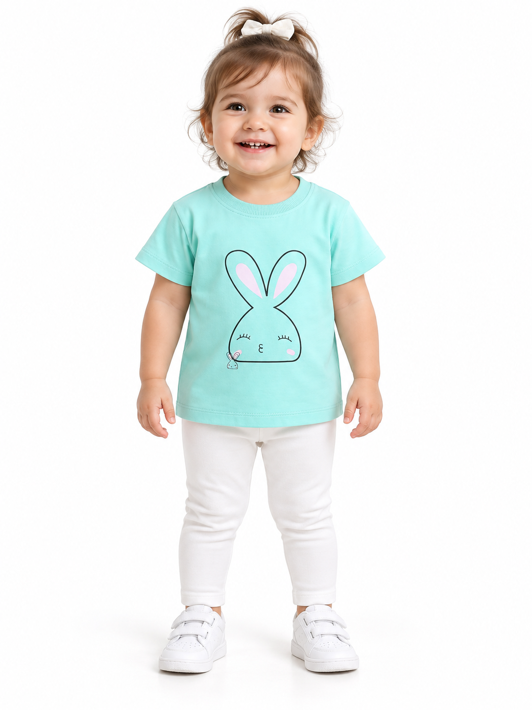 Light Blue Cute Bunny Print Half Sleeve Baby Girl Top
