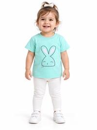 Light Blue Cute Bunny Print Half Sleeve Baby Girl Top