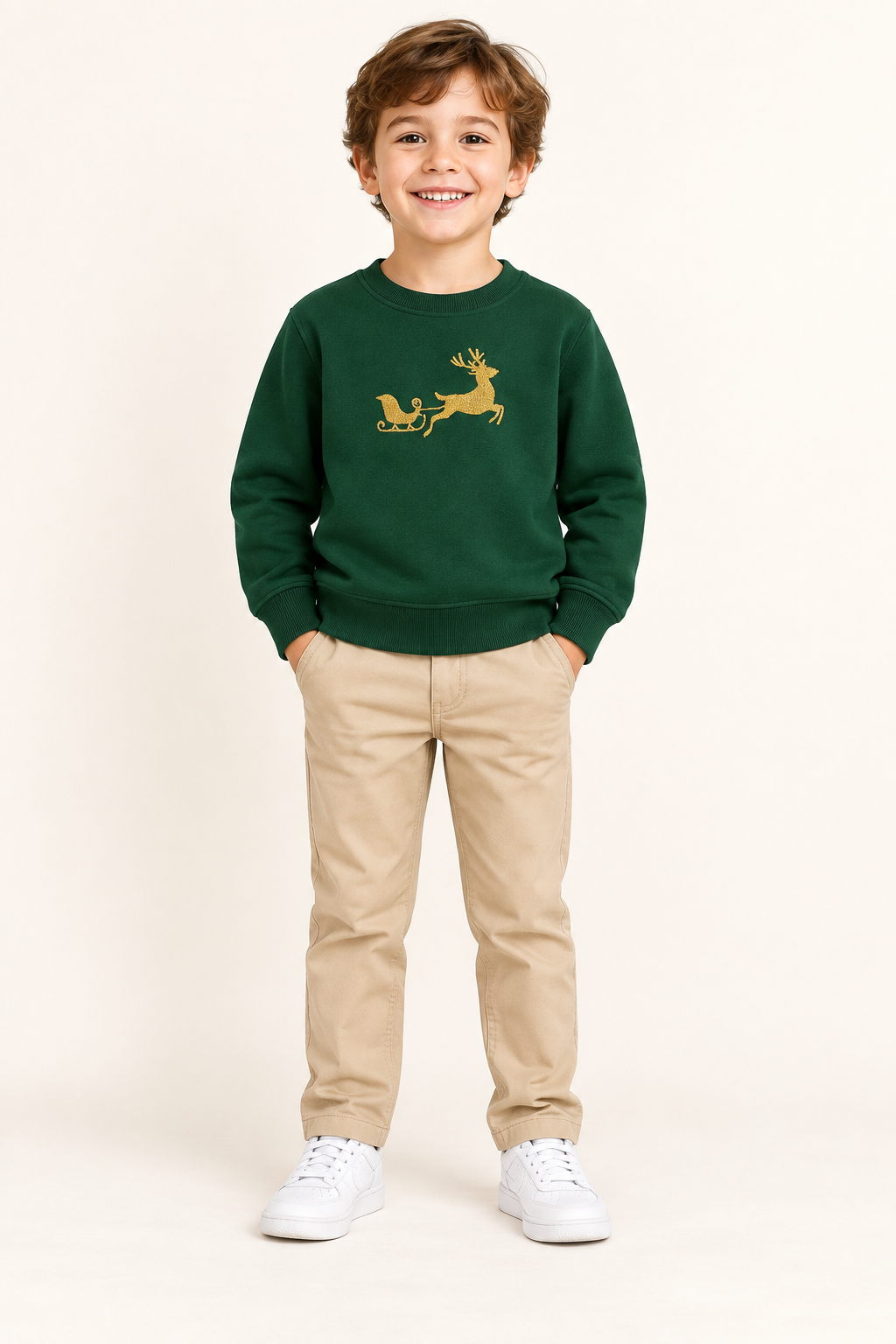 Green Christmas Sweatshirt With Gold Embroidered Reindeer