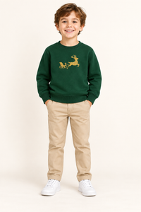 Green Christmas Sweatshirt With Gold Embroidered Reindeer