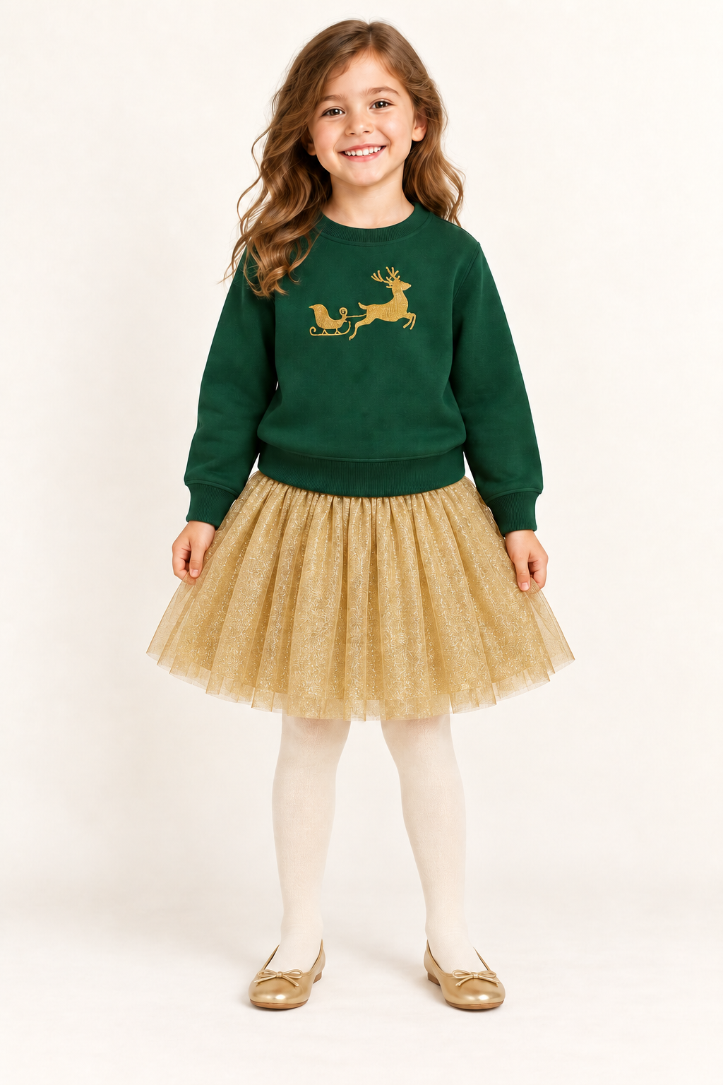 Green Christmas Sweatshirt With Gold Embroidered Reindeer