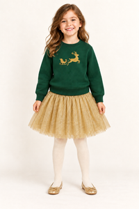 Green Christmas Sweatshirt With Gold Embroidered Reindeer