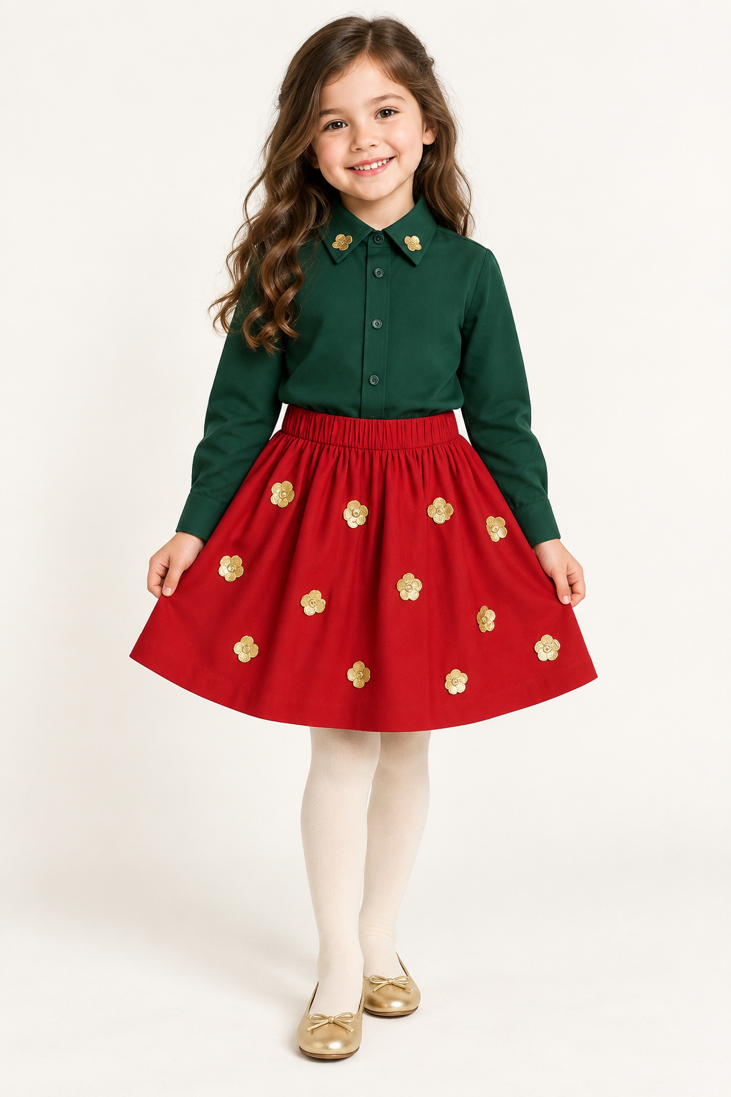 Sequin Flower Green Shirt With Red Sequin Flared Skirt