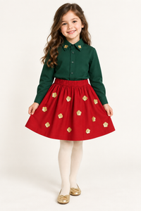 Sequin Flower Green Shirt With Red Sequin Flared Skirt