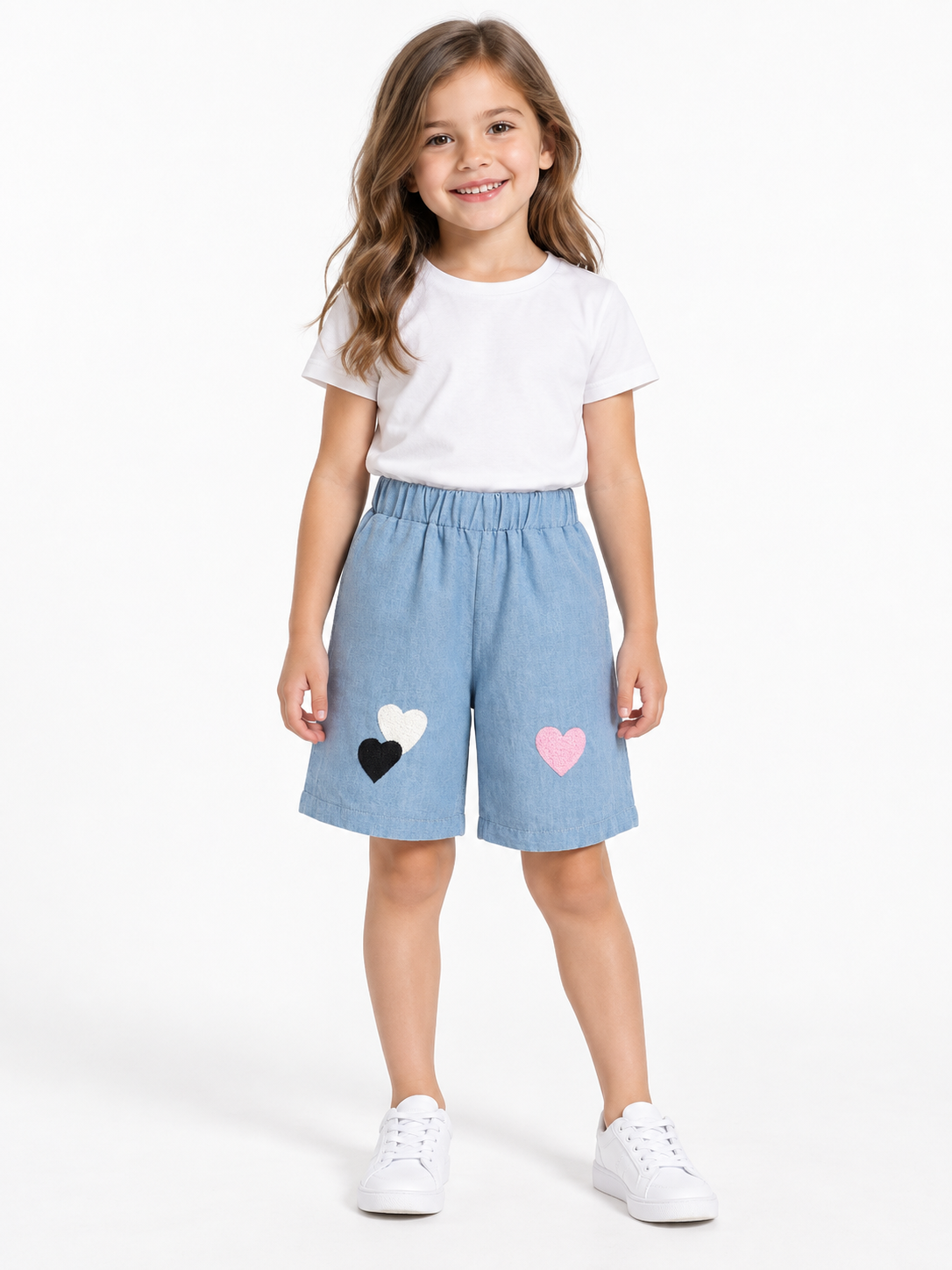Blue Denim Heart Embroidered Shorts