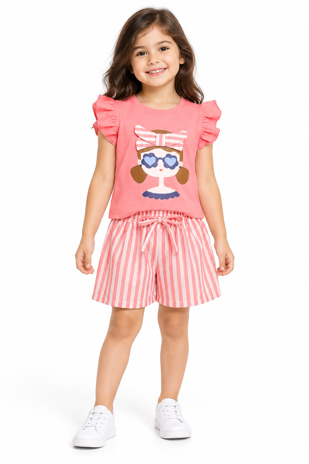 Girls Cute Girl PrintBow T-Shirt & Stripes Shorts Co-ord Set
