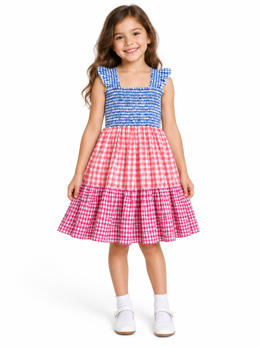 Pink Red Blue Smocked Sleeveless Girls Dress