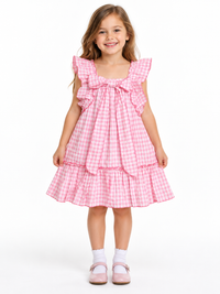 Pink and White Check pattern Sleeveless Girls Dress