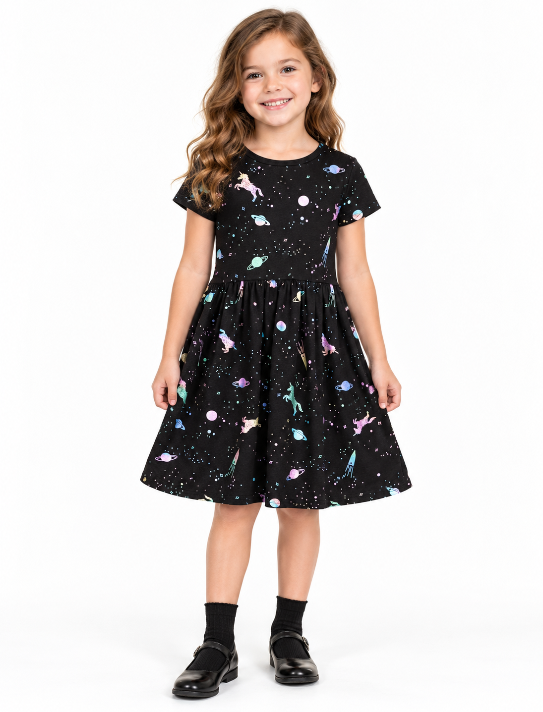Magical Black Half Sleeves Unicorn 3D Print Girls Dress
