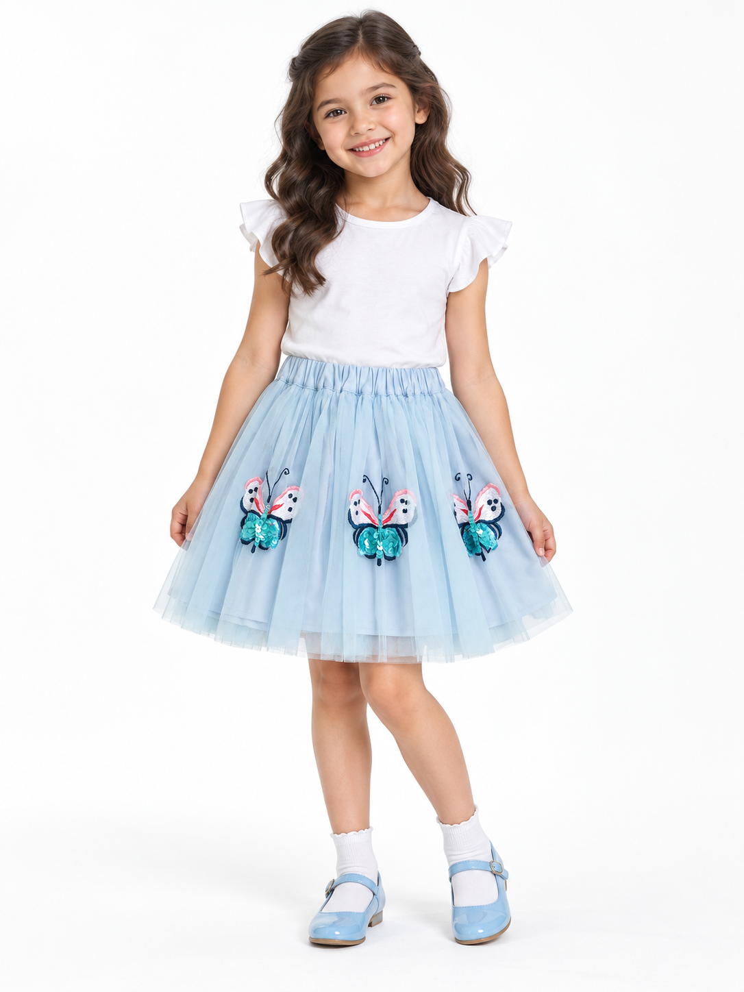 Sky Blue Embellished Butterfly Skirt for Girls