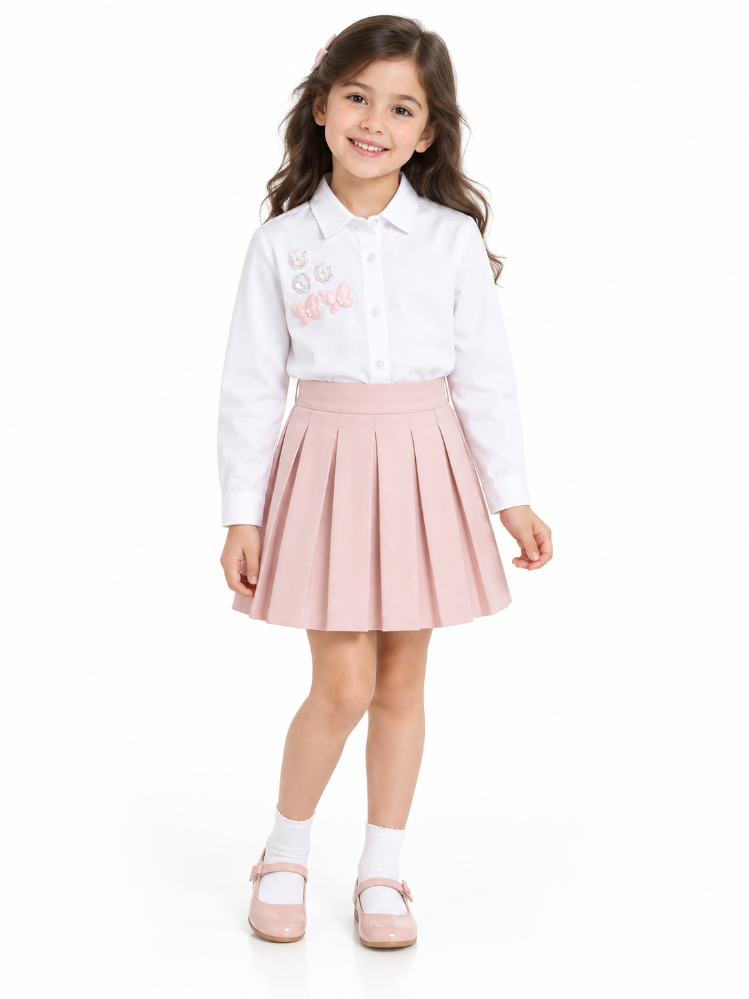 White Cotton Full Sleeve Shirt with Butterfly & Sequined Flower