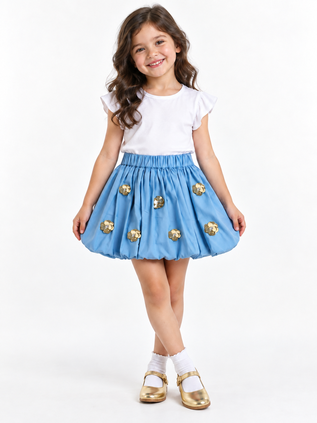 Blue Sequined Flower Cotton Skirt