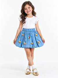 Blue Sequined Flower Cotton Skirt