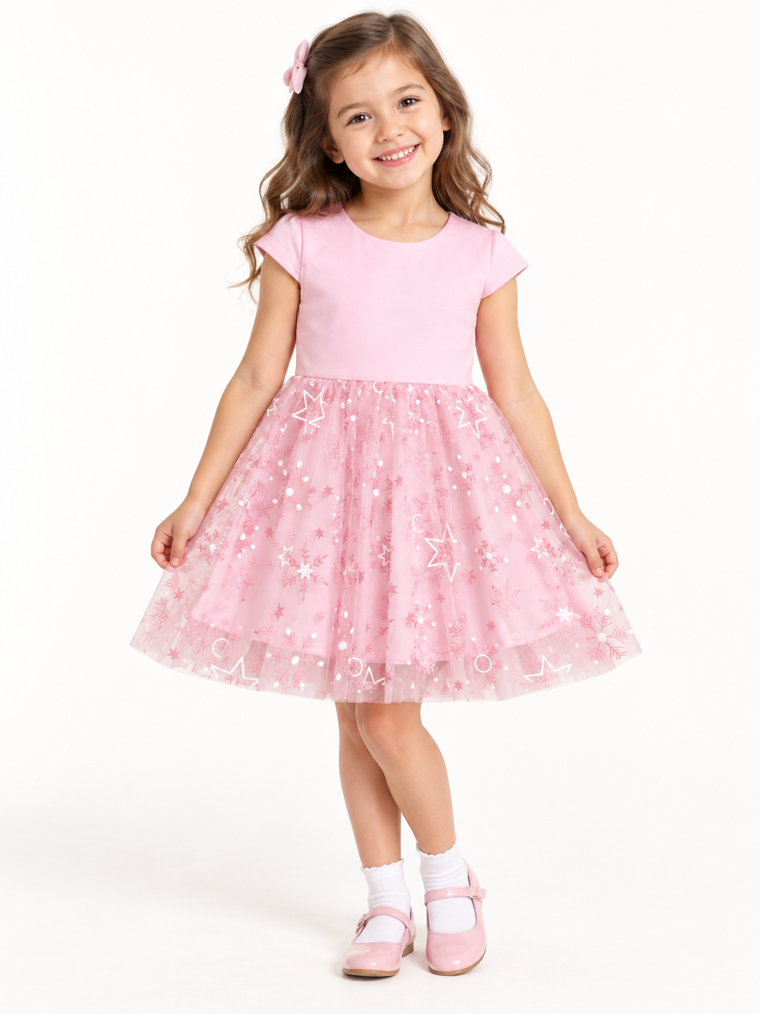 Pink Star Print Cap sleeve Party Dress