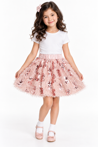 Peach Fur & Sequins Stylish Festive Skirt