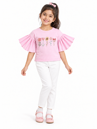 Pink Frill Sleeve Floral Embroidery Girls T-shirt