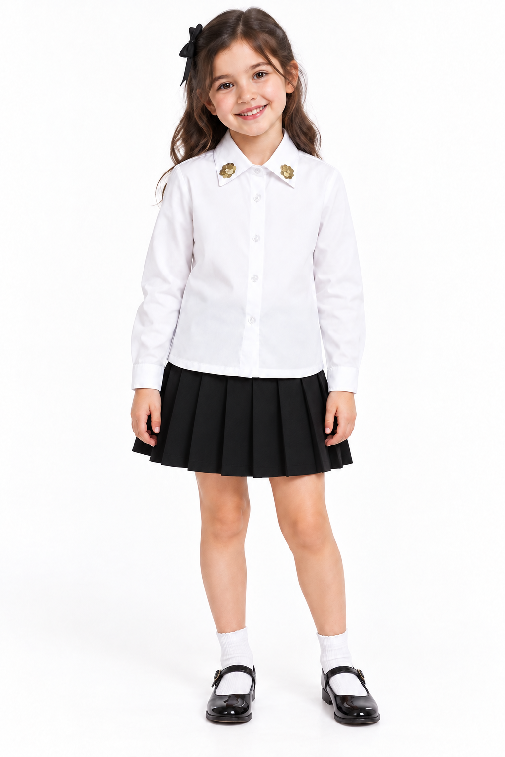 White Sequined Flower Collar Neck Cotton Shirt
